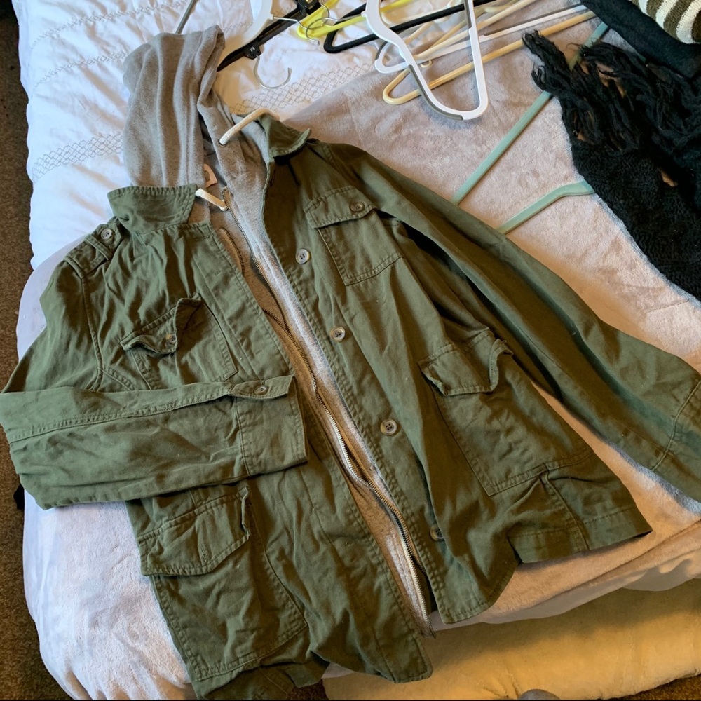 Green and grey sweater jacket.